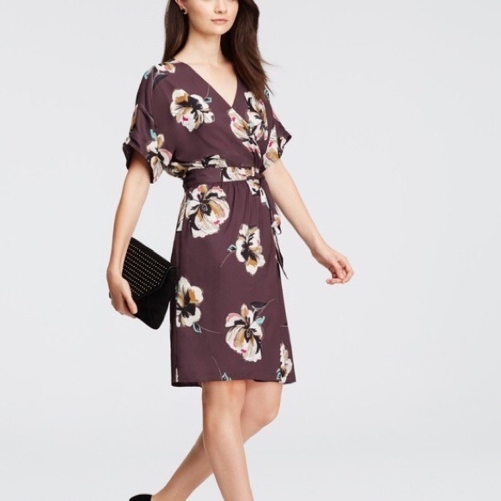 Ann Taylor Plum Floral Wrap Dress Nwot
